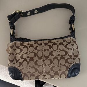 Coach Tan and Brown Signature Canvas Shoulder Bag with Black Trim